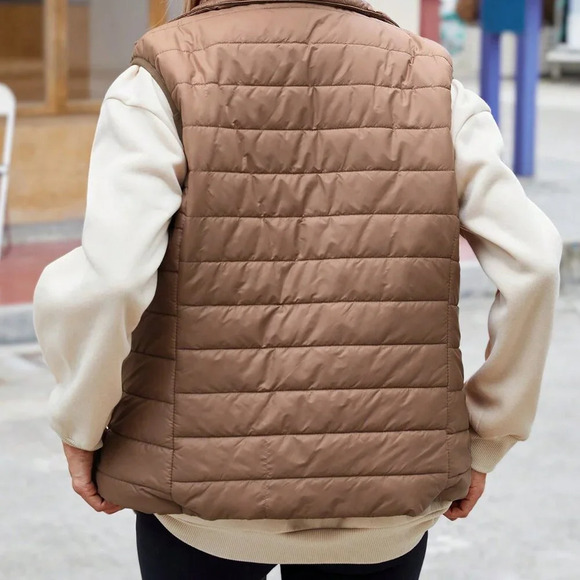 Coffee Brown Casual Women's Clothes Style Sleeveless Short Stand Collar Vest - Picture 2 of 6